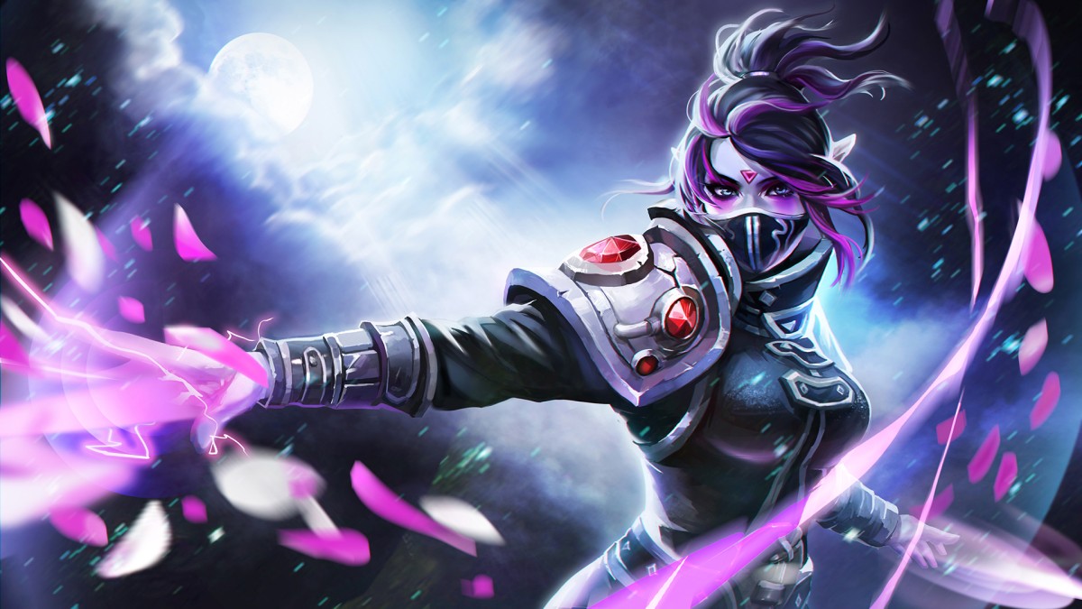 Templar Assassin из Dota 2 на фоне Луны с летающими розовыми лепестками