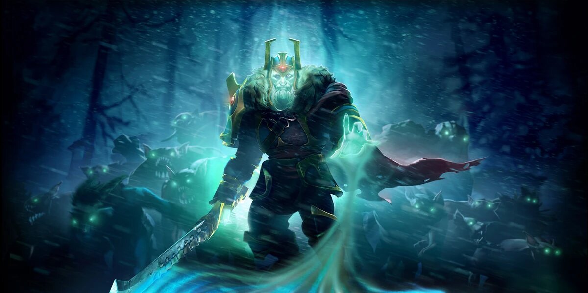 Wraith King из Dota 2 на фоне тёмного леса с мечом в руках и монстрами позади