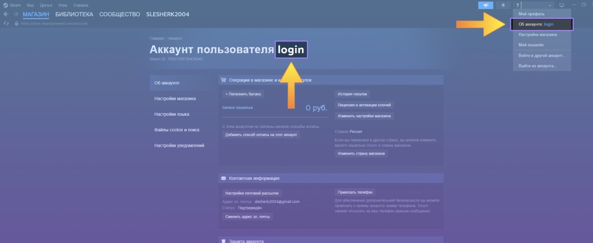 Стринца Steam, где мы можем найти Login аккаунта