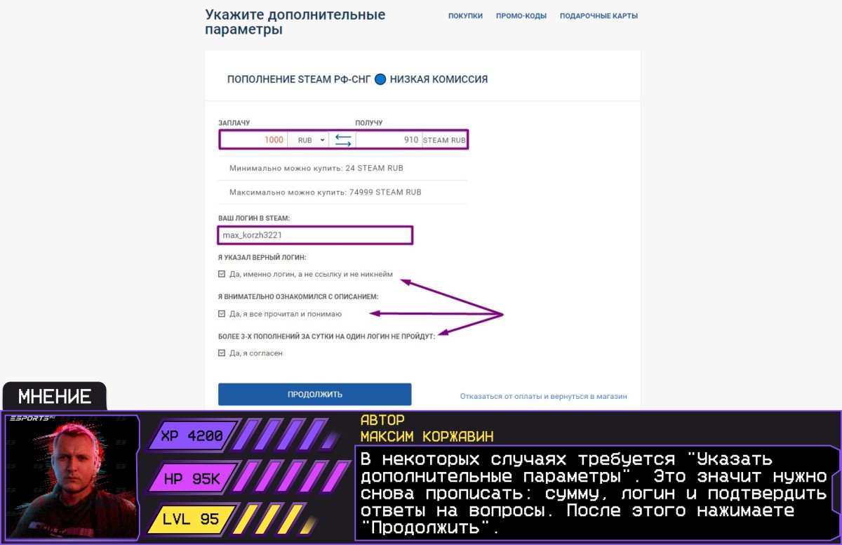 Дополнительные параметры при переводе денег на баланс Steam через GGSel и комментарий автора Esports.ru Максима Коржавина