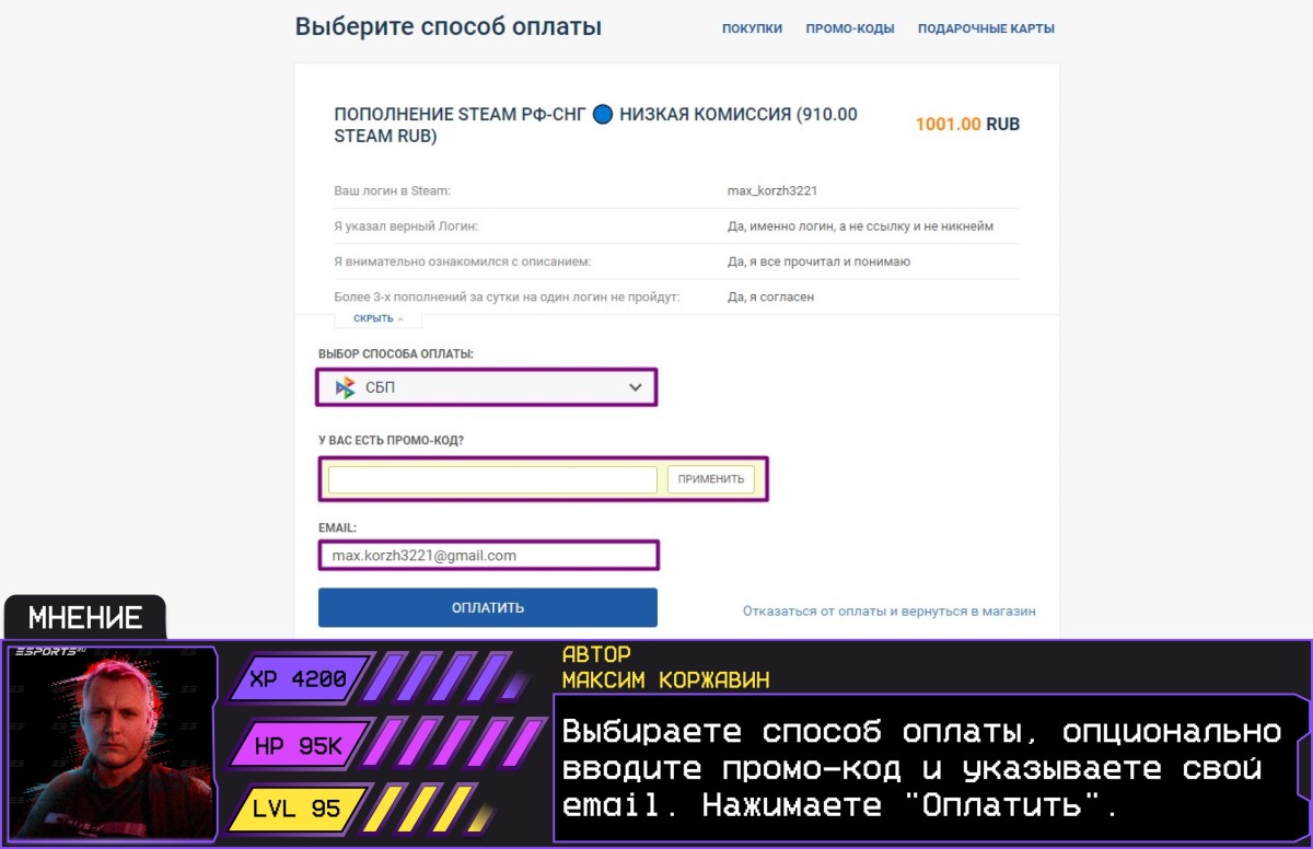 Окно с выбором способа оплаты, промокодом и почтой на GGSel перед оплатой и комментарий автора Esports.ru Максима Коржавина