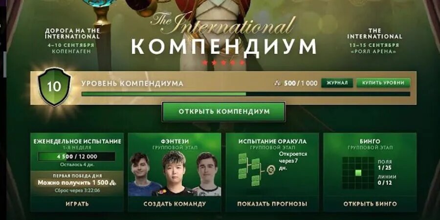 Компендиум The International 2024 в Dota 2 с уровнем, еженедельными испытаниями, фэнтези, испытанием Оракула и бинго