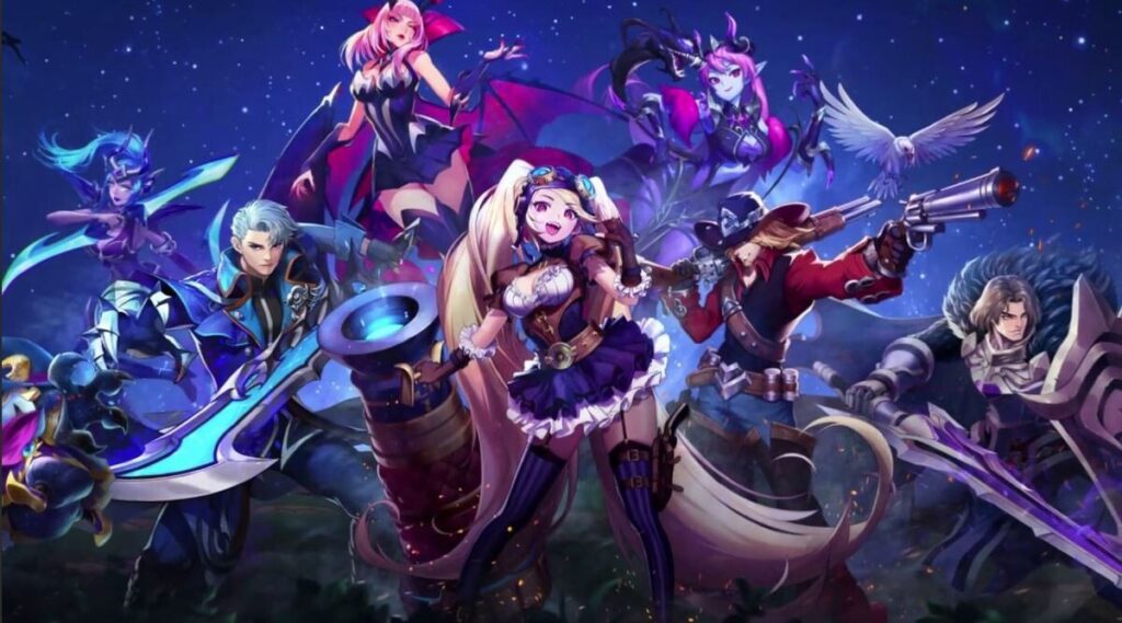 Герои из игры Mobile Legends на фоне ночного неба