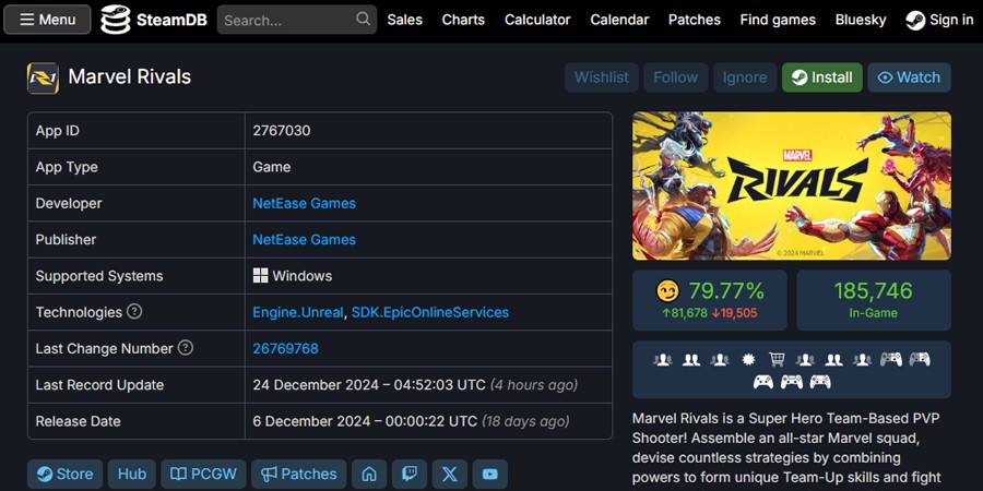 Скриншот сайта SteamDB со страницей игры Marvel Rivals
