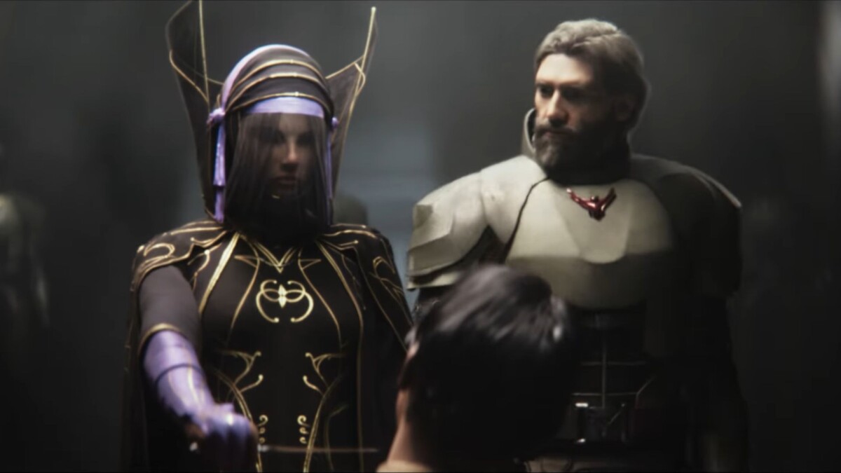 Dune: Awakening момент из синематика где показана Бене Джессерит в разговоре с игровым персонажем в слабоосвещенном пространстве