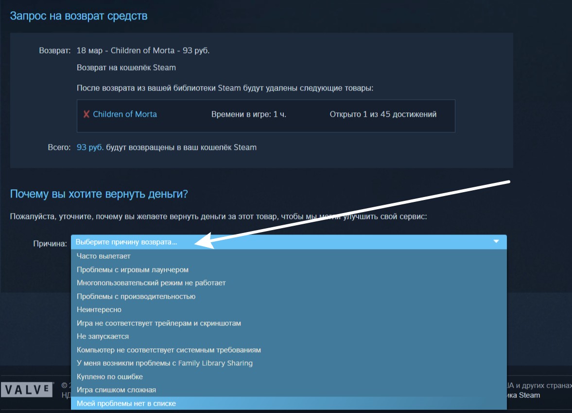 Возврат денег в steam, шаг 3, оформление заявки с указанием причины