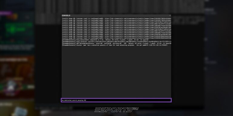 Консоль разработчика КС2 с прописанной командой mm_dedicated_search_maxping 60
