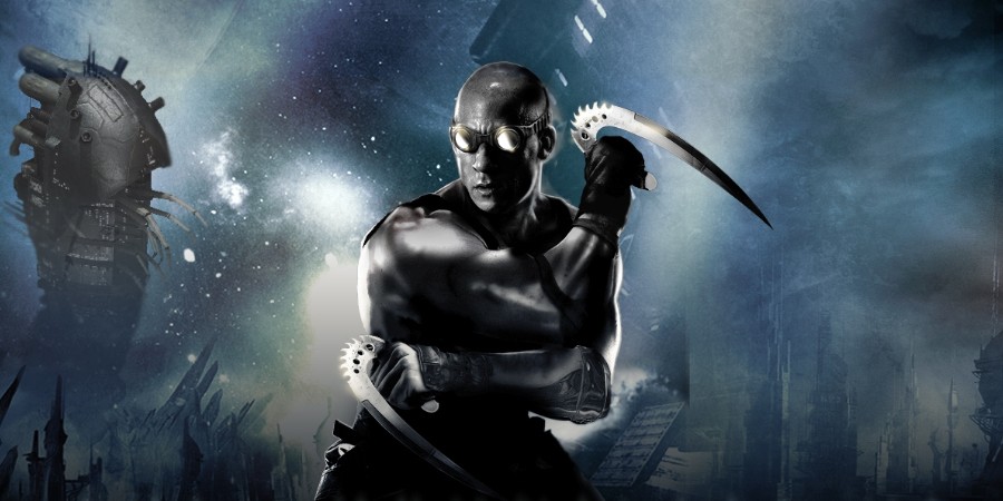 Обложка игры The Chronicles of Riddick: Assault on Dark Athena с Риддиком на переднем плане