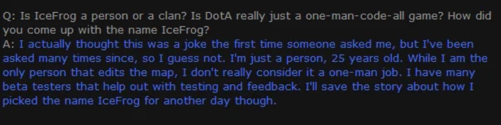 Скриншот с постом IceFrog на платформе playdota.com