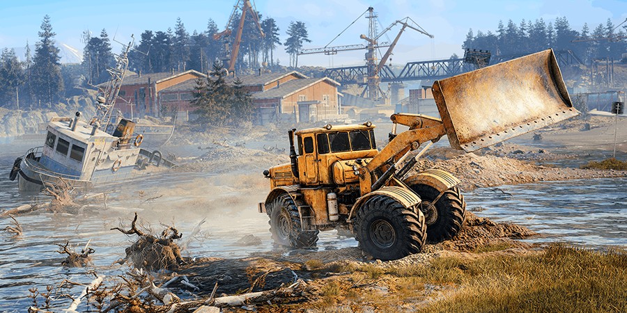 RoadCraft — бульдозер с поднятым ковшом на фоне затопленной долины