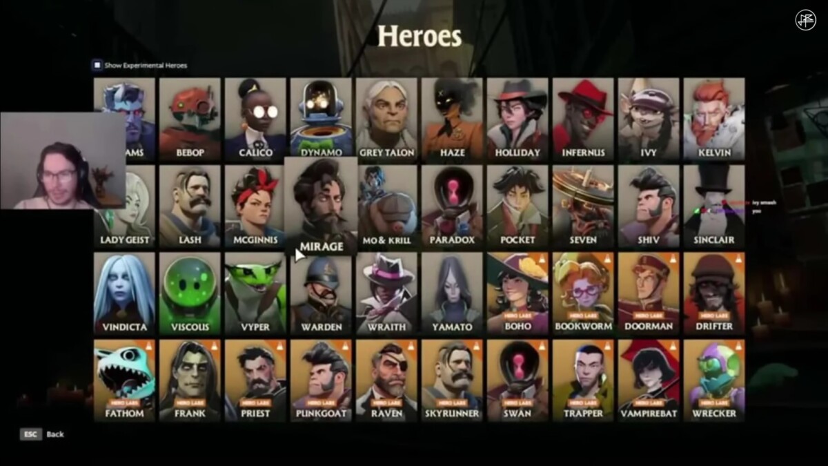 Скоиншот со стрима с раздела Hero Labs, где видно 40 героев, в числе которых еще не вышедшие