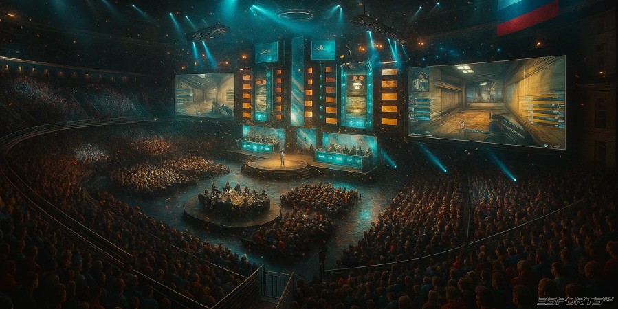 Арена с киберспортивным соревнованием и флагом Российской Федерации