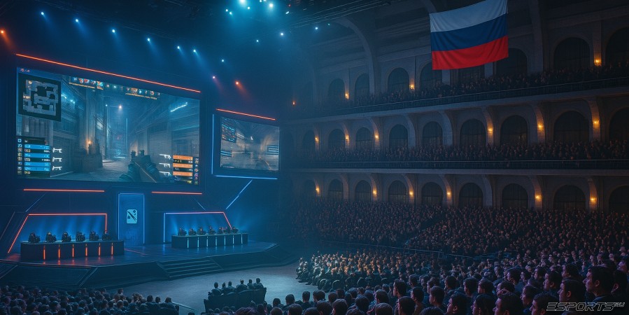 Киберспортивный стадион с российским флагом на фоне сбоку