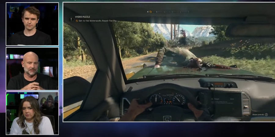 Кадр, презентующий процесс стримов Xbox Gamescom — пока один интервьюер играет в Dying Light: The Beast, другой общается с разработчиком
