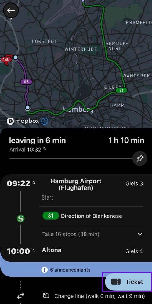 Принцип работы приложения HVV для покупки билетов на общественный транспорт до Barclays Arena на The International 2025