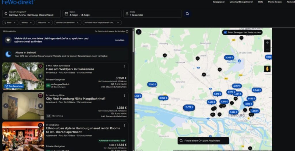 Интерфейс сервиса с фильтрацией жилья около места проведения The International 2025 — Barclays Arena. Источник: fewo-direkt.de