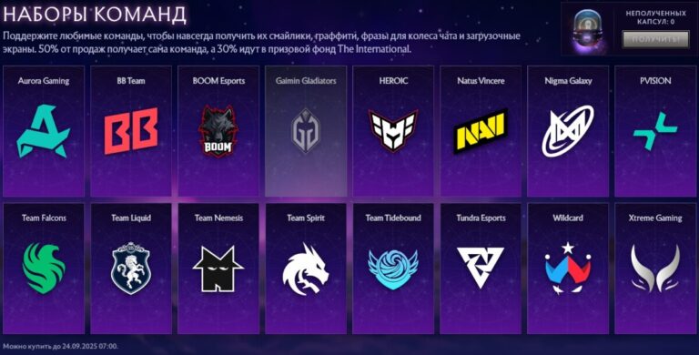 Наборы поддержки команд на The International 2025