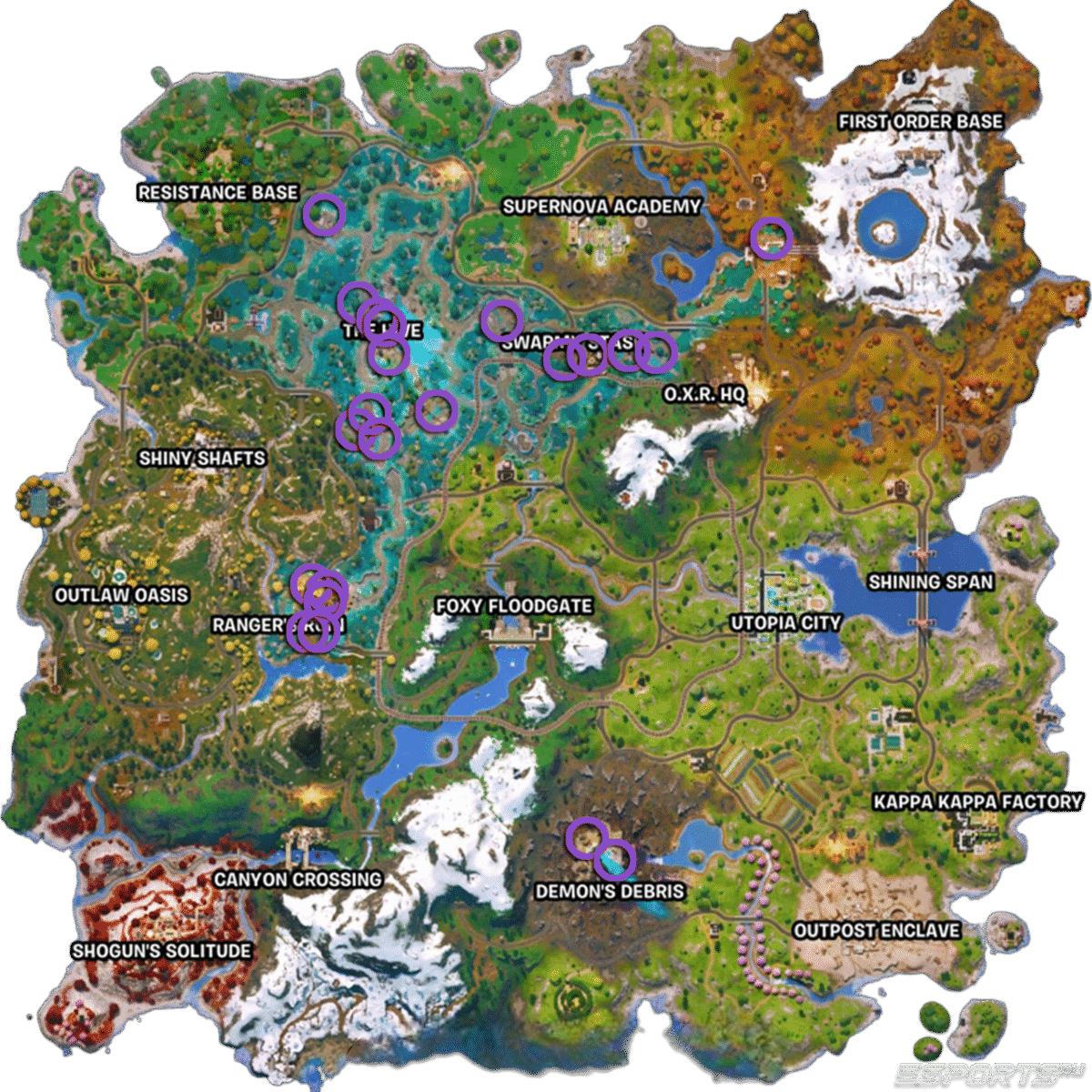 Расположение всех локаций гнезд Роя в Фортнайт 6 главы 4 сезона