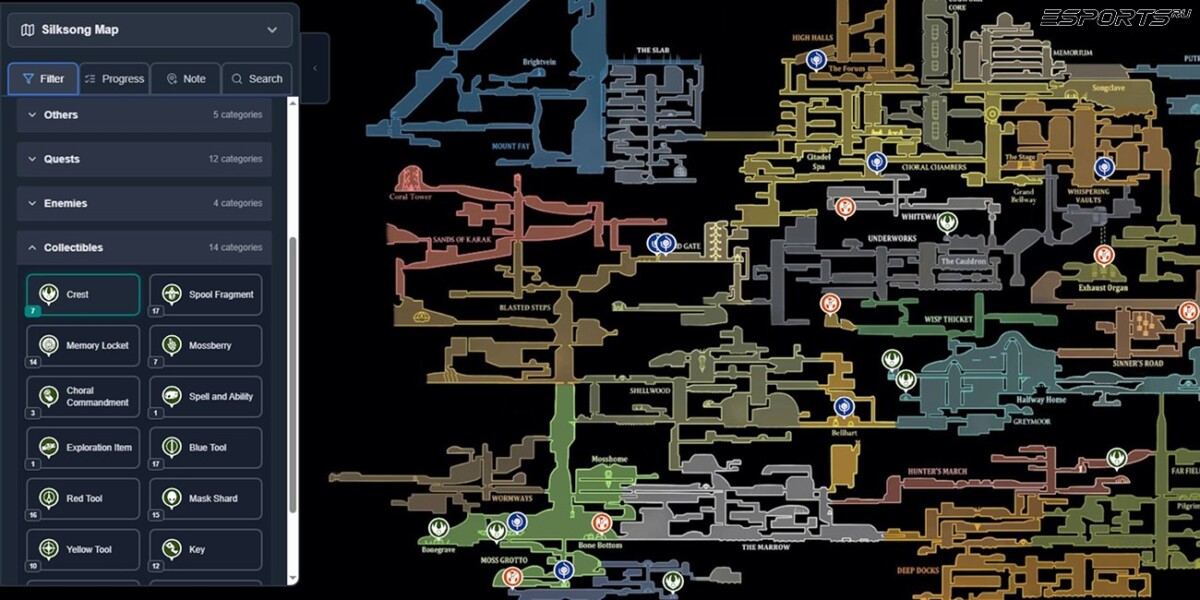 Карта Silksong с отслеживанием