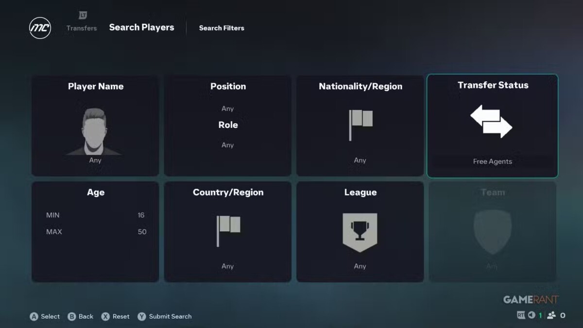 Поиск игроков с фильтром &laquo;только свободные агенты&raquo;