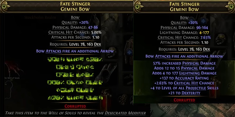 Результат крафта на примере лука &mdash; до и после раскрытия свойств