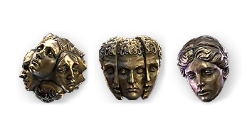 Слева направо — сфера возвышения (Exalted Orb), Сфера хаоса (Chaos Orb) и Божественная сфера (Divine Orb)