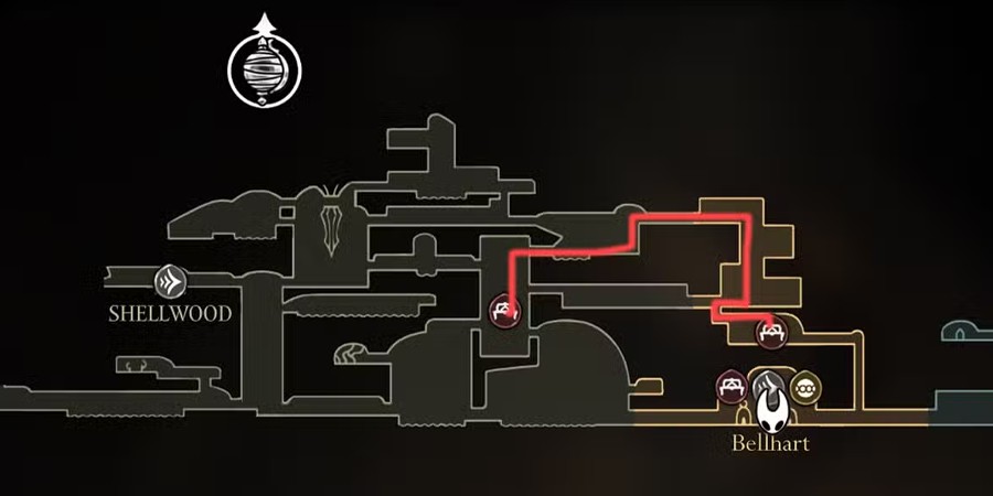 Карта в Silksong, с маршрутом до Вдовы