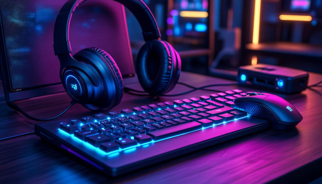 Картинка от Алисы &mdash; &ldquo;Нарисуй картинку 16:9 в цифровом стиле на тему киберспорта, с клавиатурой, наушниками, мышкой. Используй тёмные и фиолетовые цвета&rdquo;