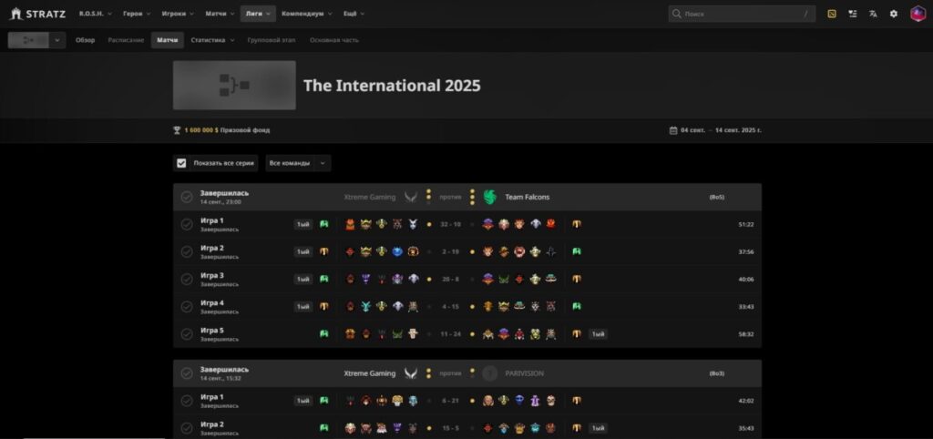 Вкладка "Матчи" на турнире The International 2025 на STRATZ
