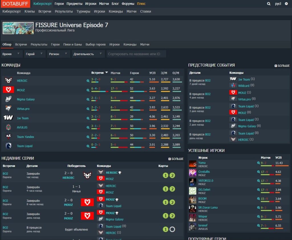 Раздел "Обзор" турнира FISSURE Universe на Dotabuff