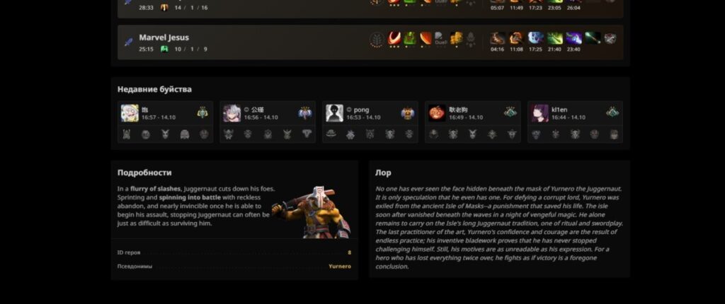 Подробная статистика на примере персонажа Juggernaut на STRATZ