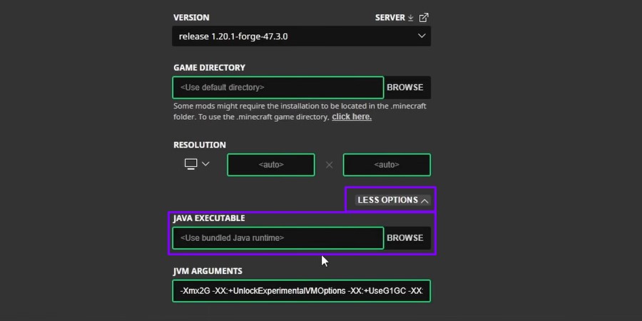 Minecraft launcher java executable