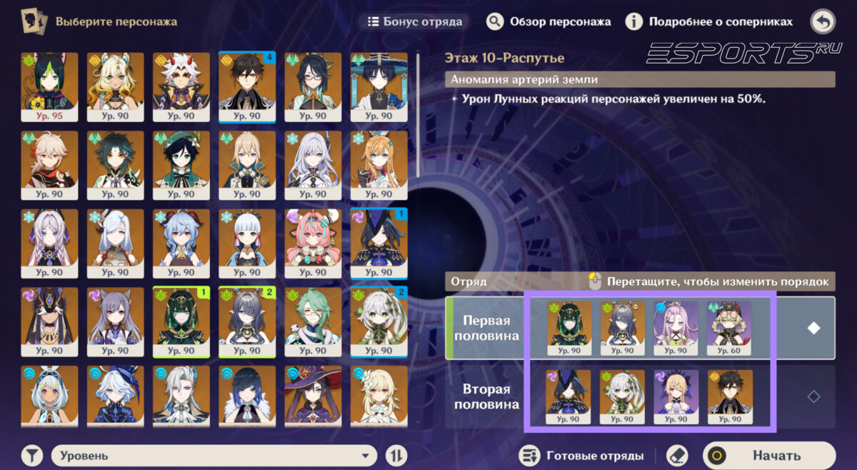 Отряд для прохождения Бездны 6.2 в Genshin Impact