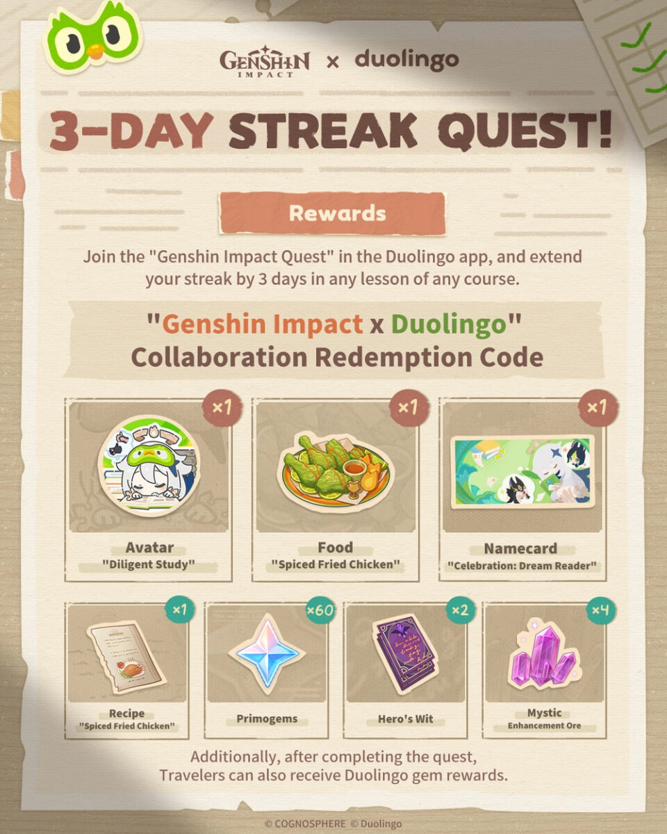 Награды из коллаборации Genshin Impact и Duolingo