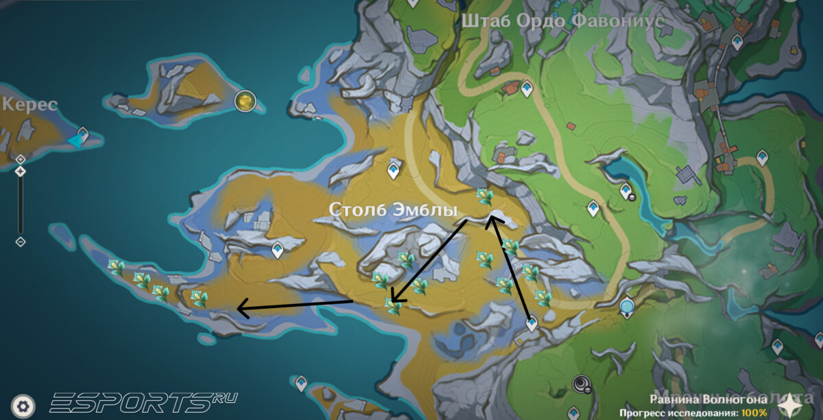 Маршрут фарма Шпороцветник в Genshin Impact