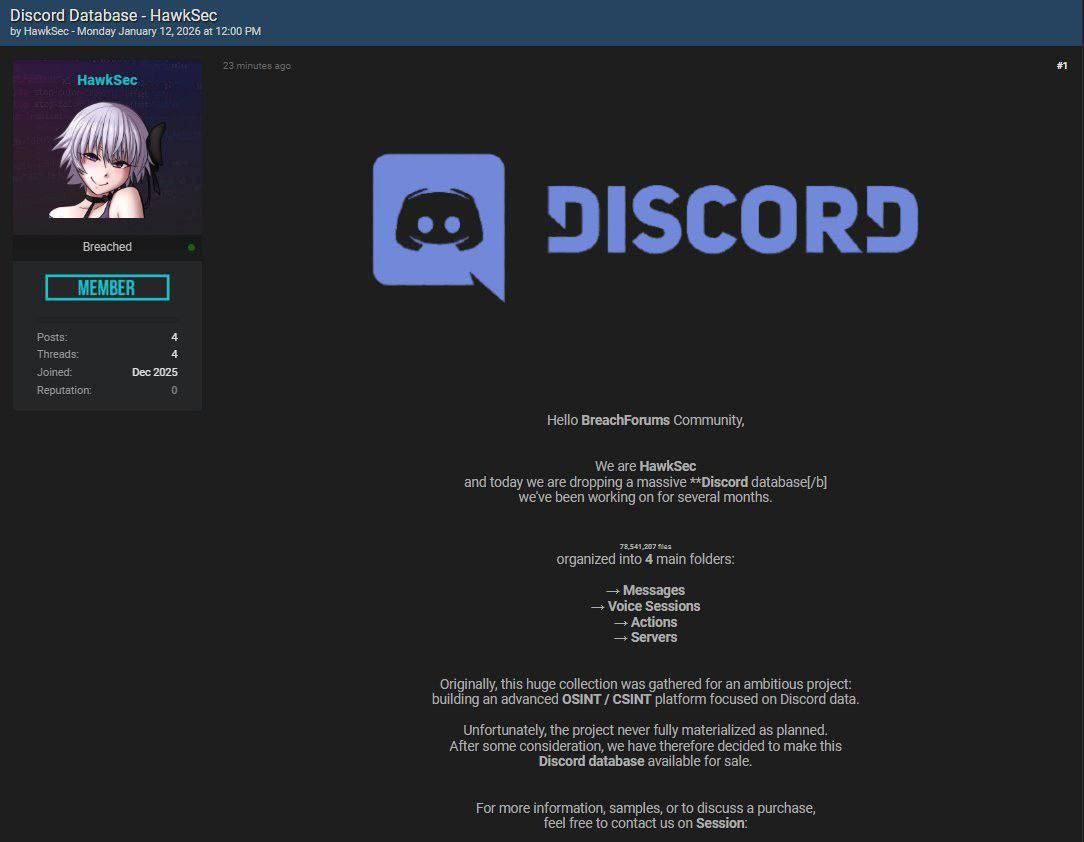 Пост о продаже архива данных Discord