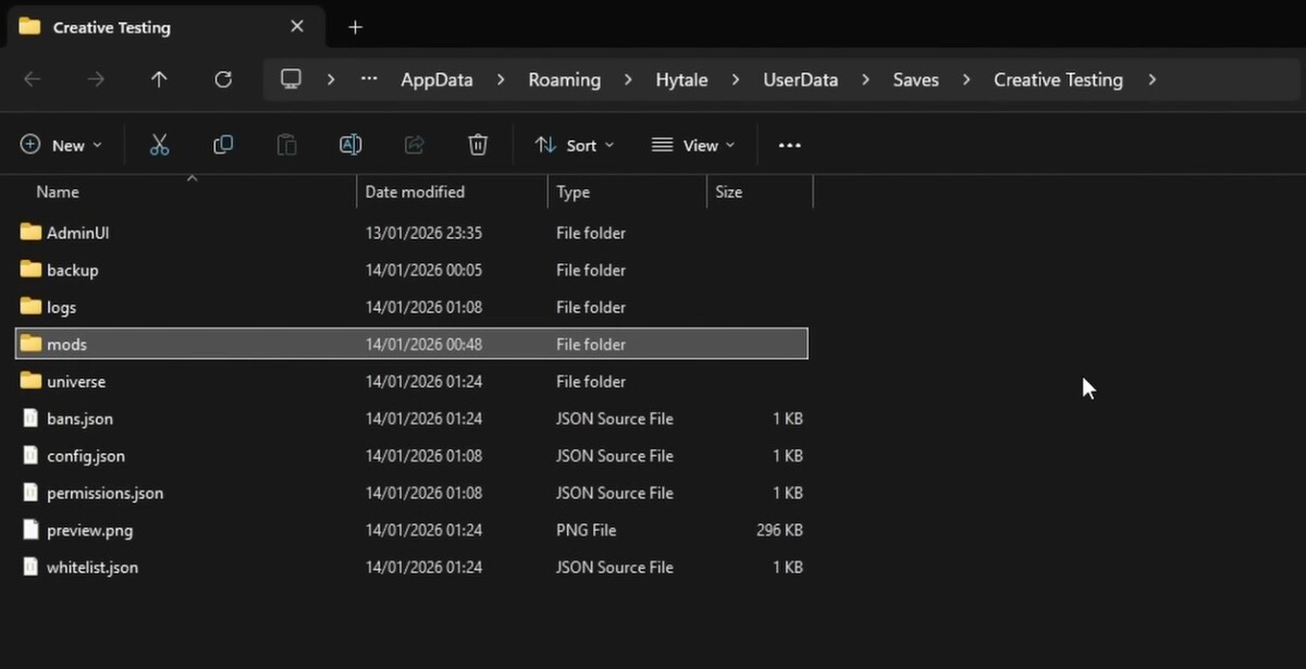 Hytale server mods folder