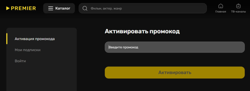 Поле для ввода промокода для онлайн-кинотеатра Премьер