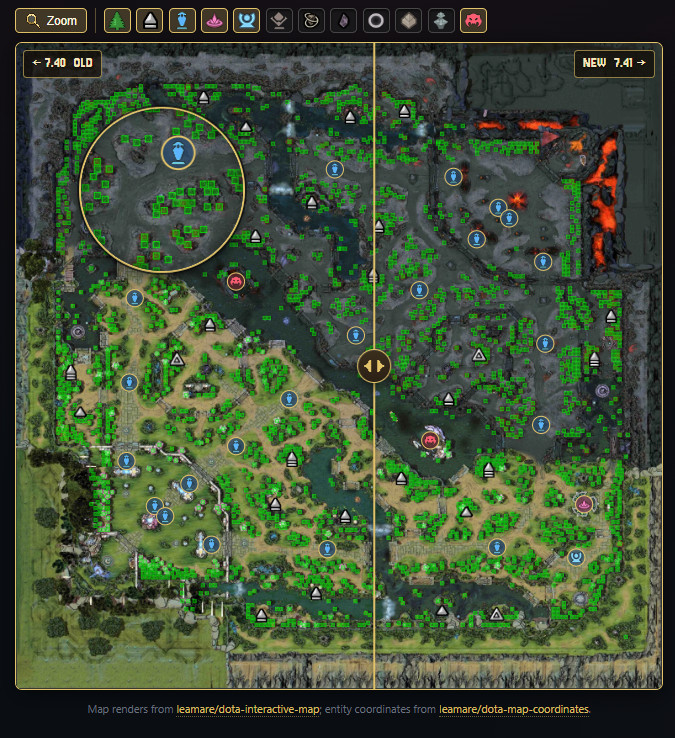 Интерактивное сравнение версий карты Dota 2 с отображением всех изменений ландшафта и игровых объектов