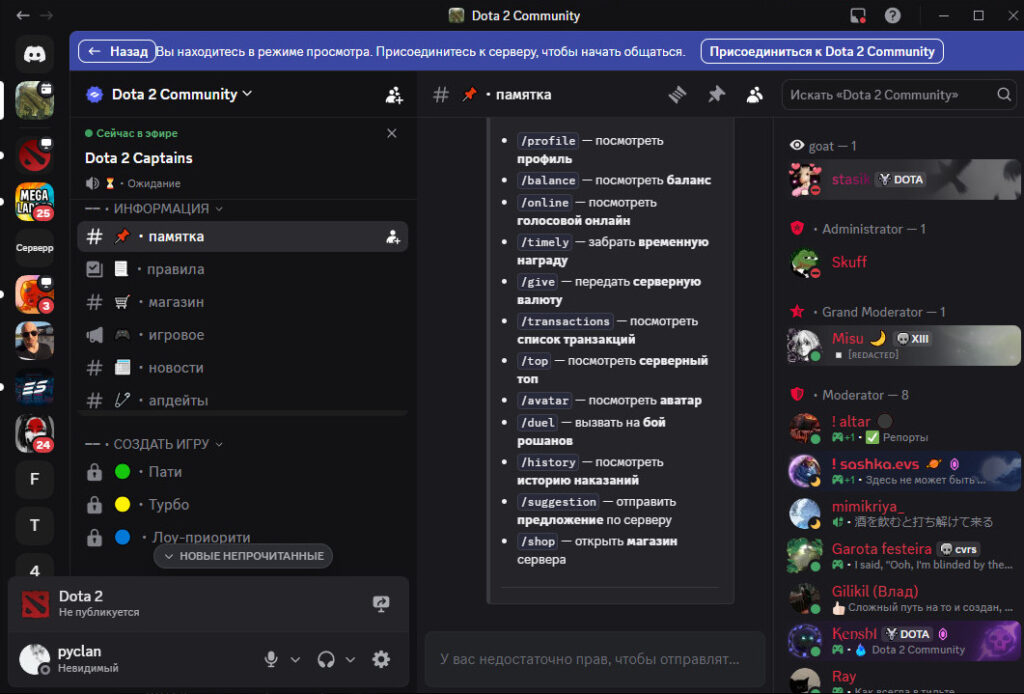 Пример поиска Discord-серверов по Dota 2 и структура одного из крупнейших игровых сообществ.