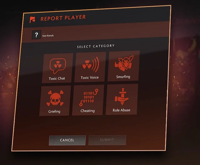 Меню репортов в Dota 2 позволяет выбрать конкретную причину жалобы на нарушителя