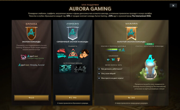 Содержимое бронзового, серебряного и золотого наборов поддержки команды Aurora Gaming