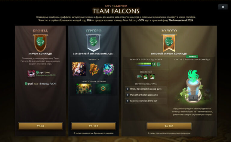 Содержимое бронзового, серебряного и золотого наборов поддержки команды Team Falcons