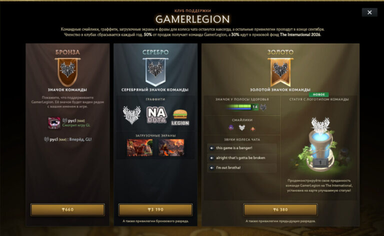 Содержимое бронзового, серебряного и золотого наборов поддержки команды GamerLegion