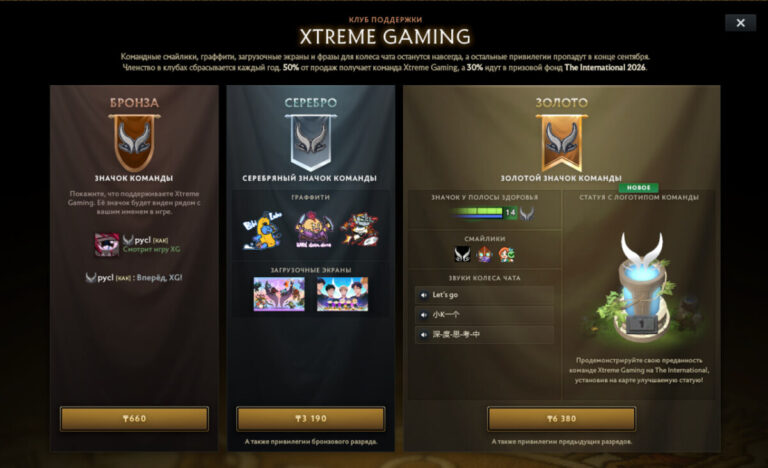Содержимое бронзового, серебряного и золотого наборов поддержки команды Xtreme Gaming