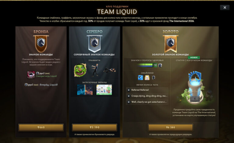 Содержимое бронзового, серебряного и золотого наборов поддержки команды Team Liquid