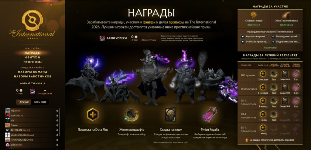 Страница с наградами Компендиума The International 2026
