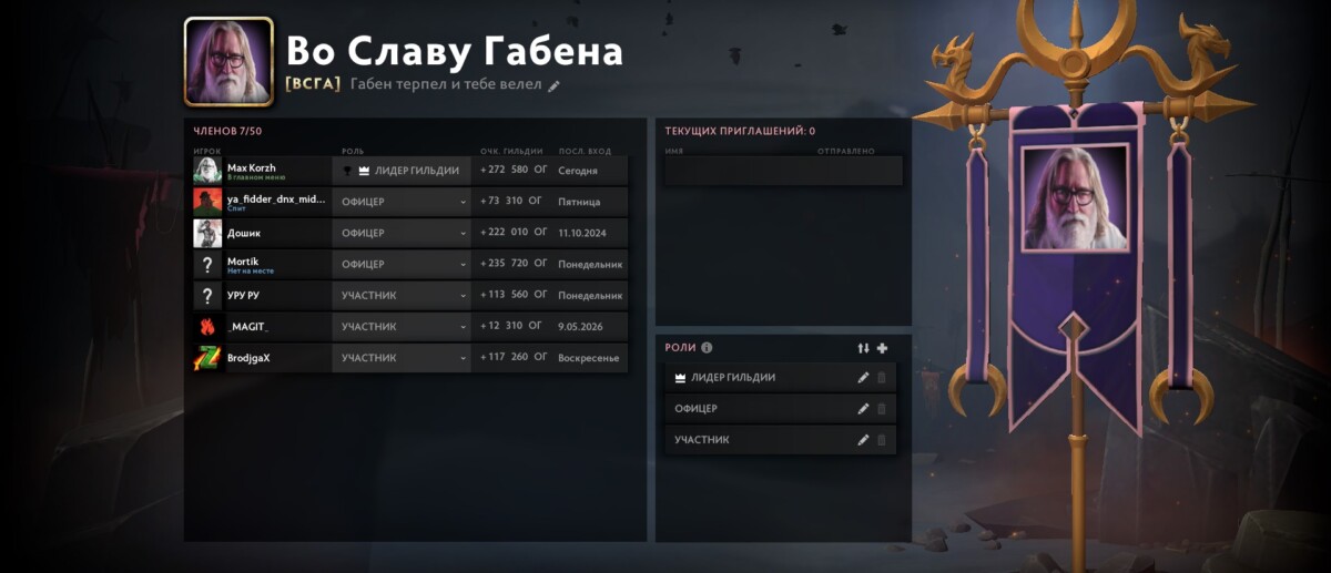 Окно состава гильдии в Дота 2
