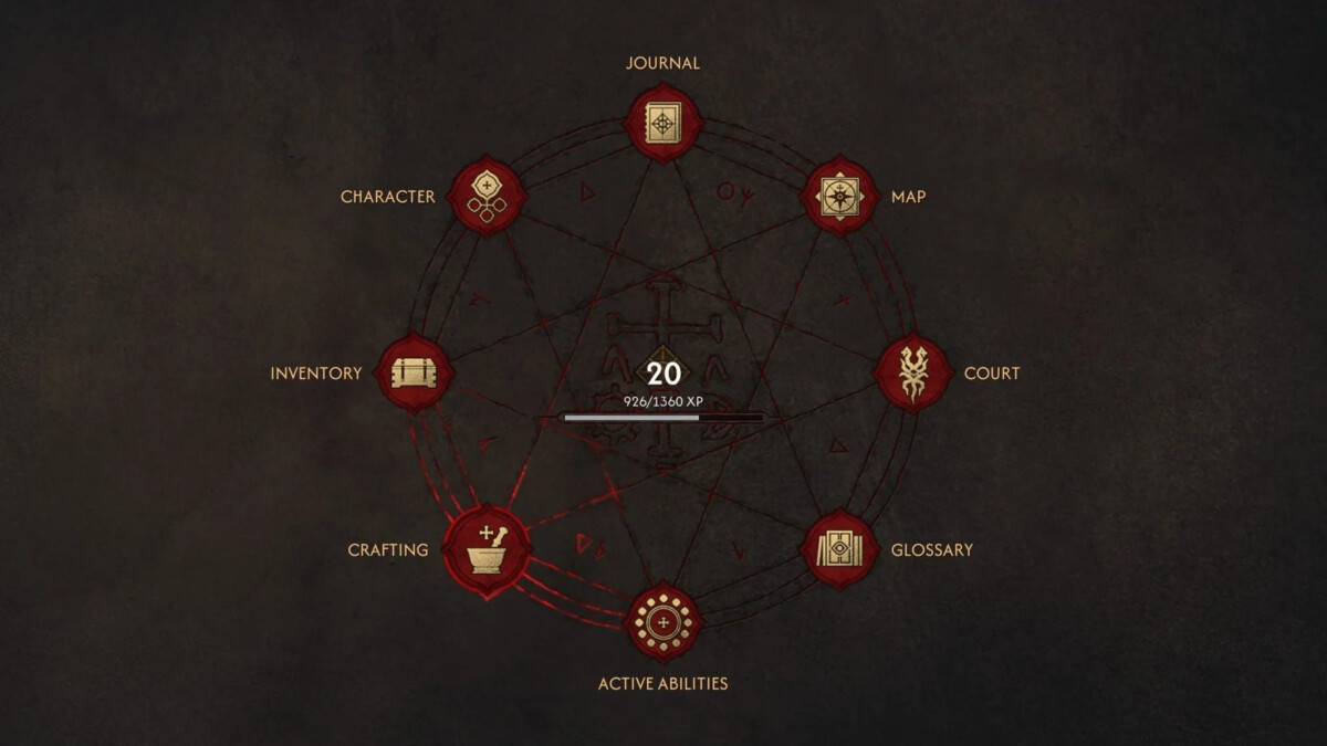 The Blood of Dawnwalker — радиальное меню. Crafting слева внизу.