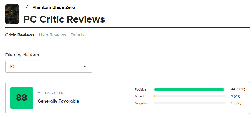 phantom blade zero metacritic score